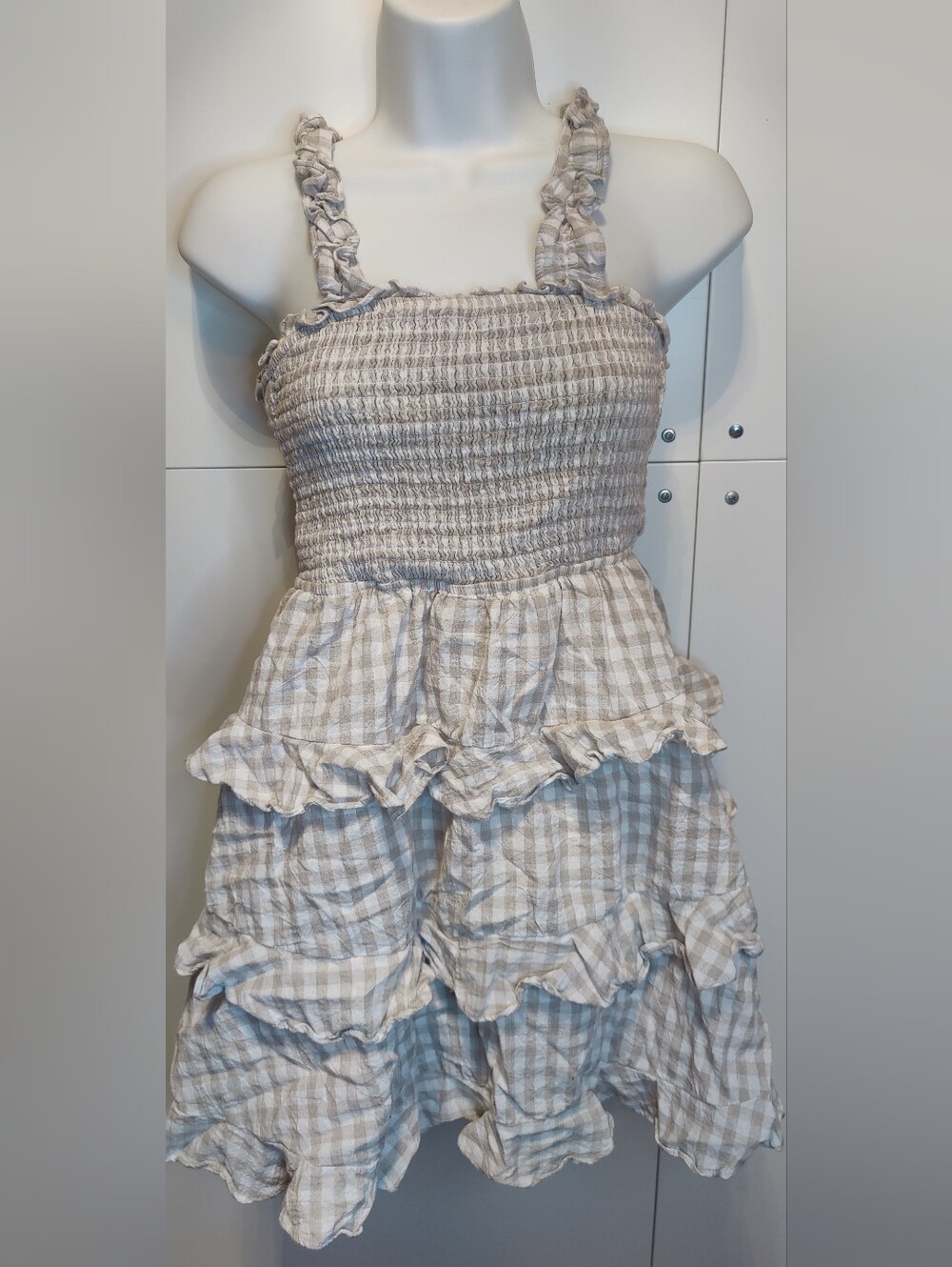 MABLE Gingham Smocked Tiered Ruffle Tie Back Mini Dress M
